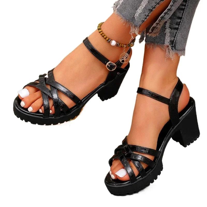 Fashion Ladies Shoes Summer New Narrow Band Buckle Strap Women's Modern Sandals Outdoor Chunky Heel Plus Size Daily Dress Heeled Sandals