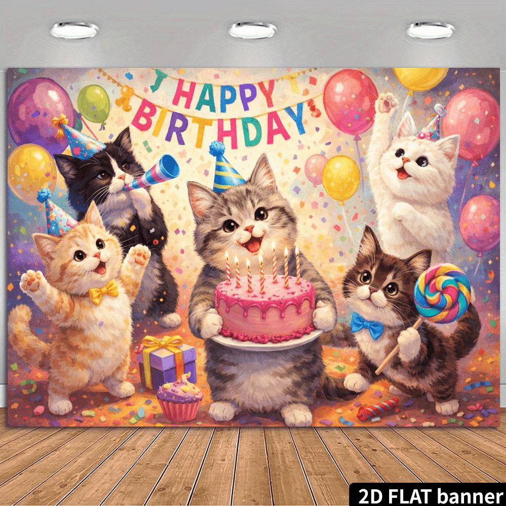 2D oil painting style cat birthday background paired with five cute cats and pink cake elements