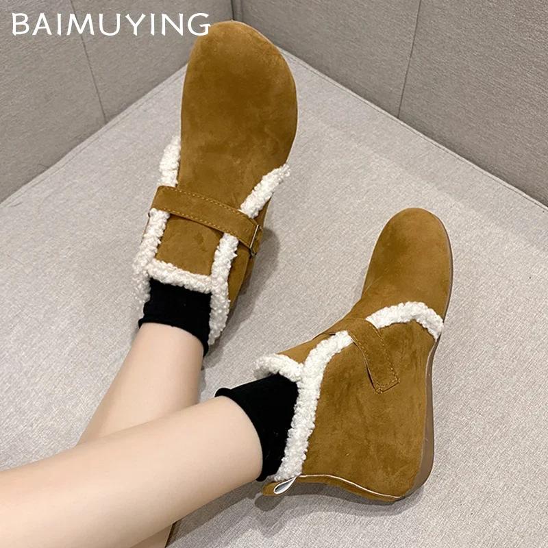 Fur Flats Women Snow Ankle Boots Suede Short Plush Casual Cotton Shoes 2025 Trend Designer Buckle Warm Winter Botas De Mujer