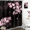 Black Cherry Blossom Shower Curtain Sakura Pink Floral Blooming Flower Spring Japanese Asian Aesthetic Fabric Waterproof