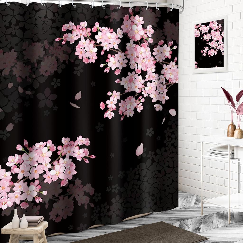 Black Cherry Blossom Shower Curtain Sakura Pink Floral Blooming Flower Spring Japanese Asian Aesthetic Fabric Waterproof