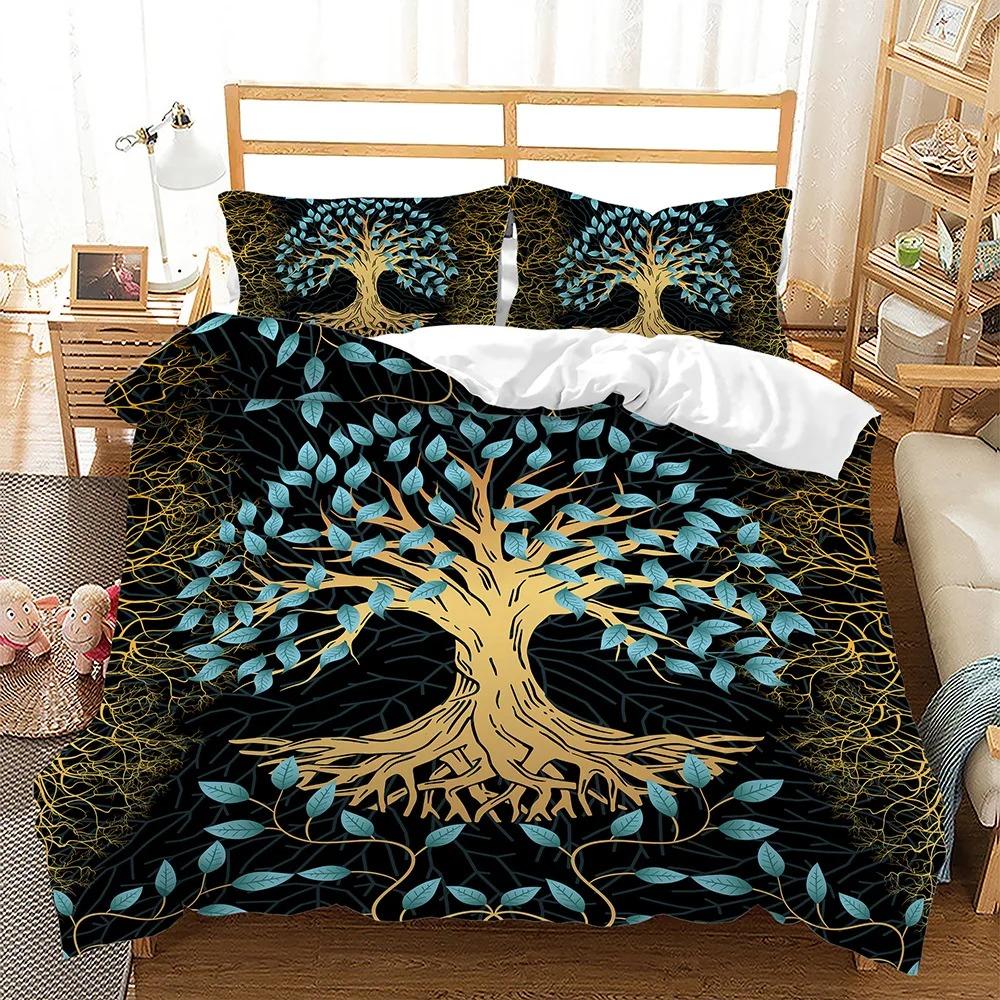 Tree of Life Duvet Cover Set Blue Tree with Black Background 3D Print Comforter Cover for Kids Boys Girls Polyester Bedding Set