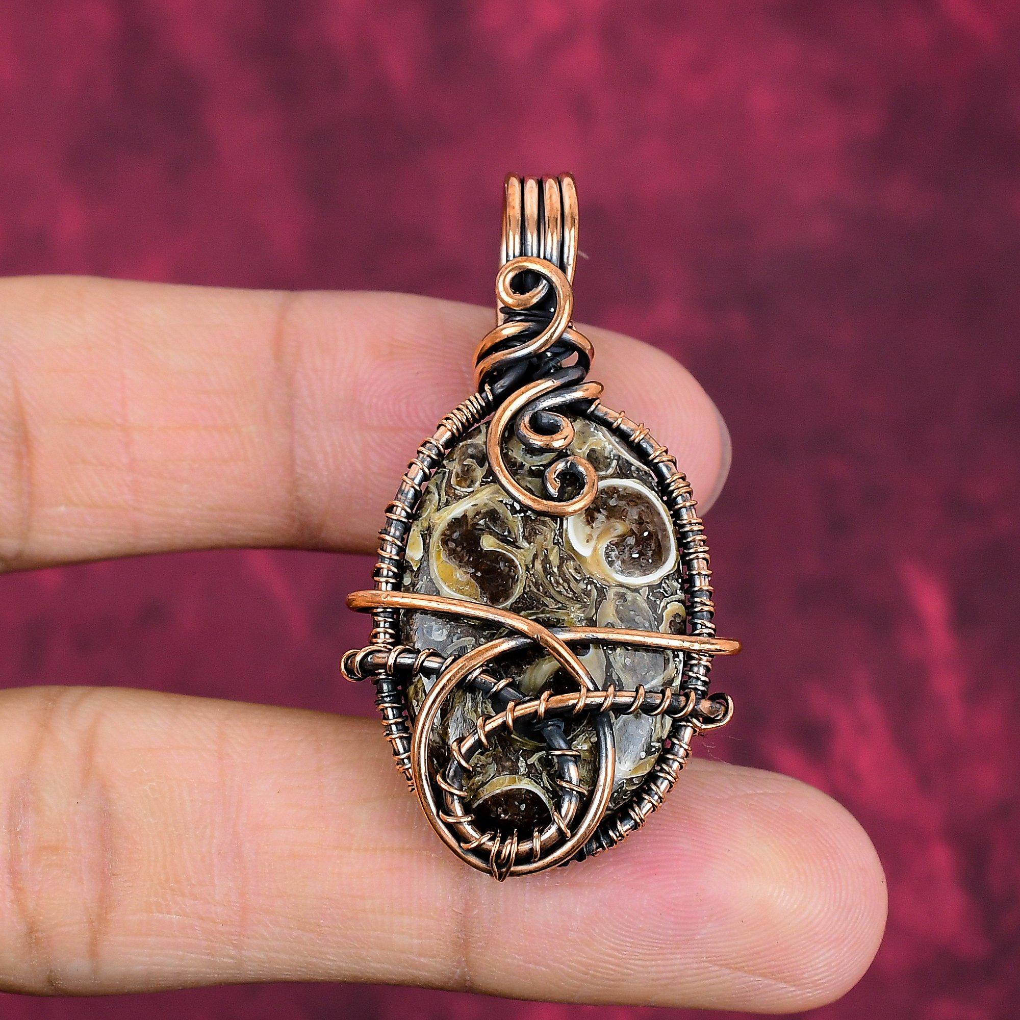 

Turritella Agate Gemstone Pendant Copper Wire Wrapped Jewelry Handmade Pendant