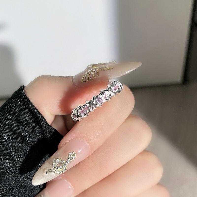Sweet pink diamond love cross white temperament open ring women s peach heart thorn simple light luxury high sense ring