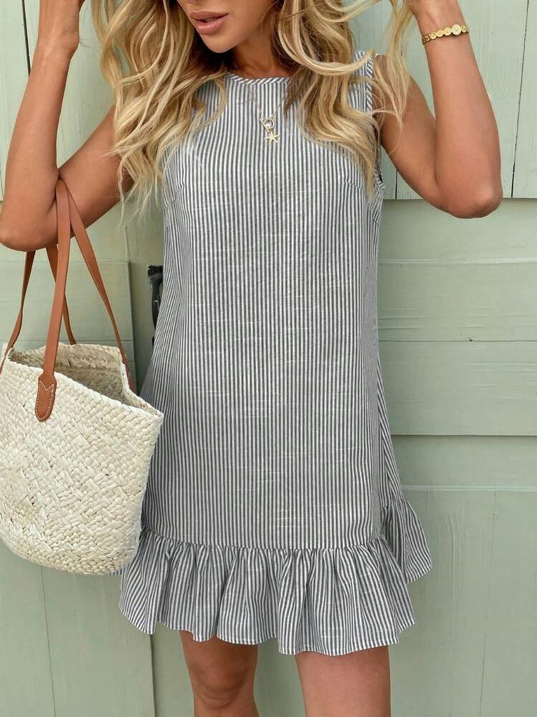 Summer Sleeveless Ruffle Hem Casual Dress With Piping For Travel And Date Night