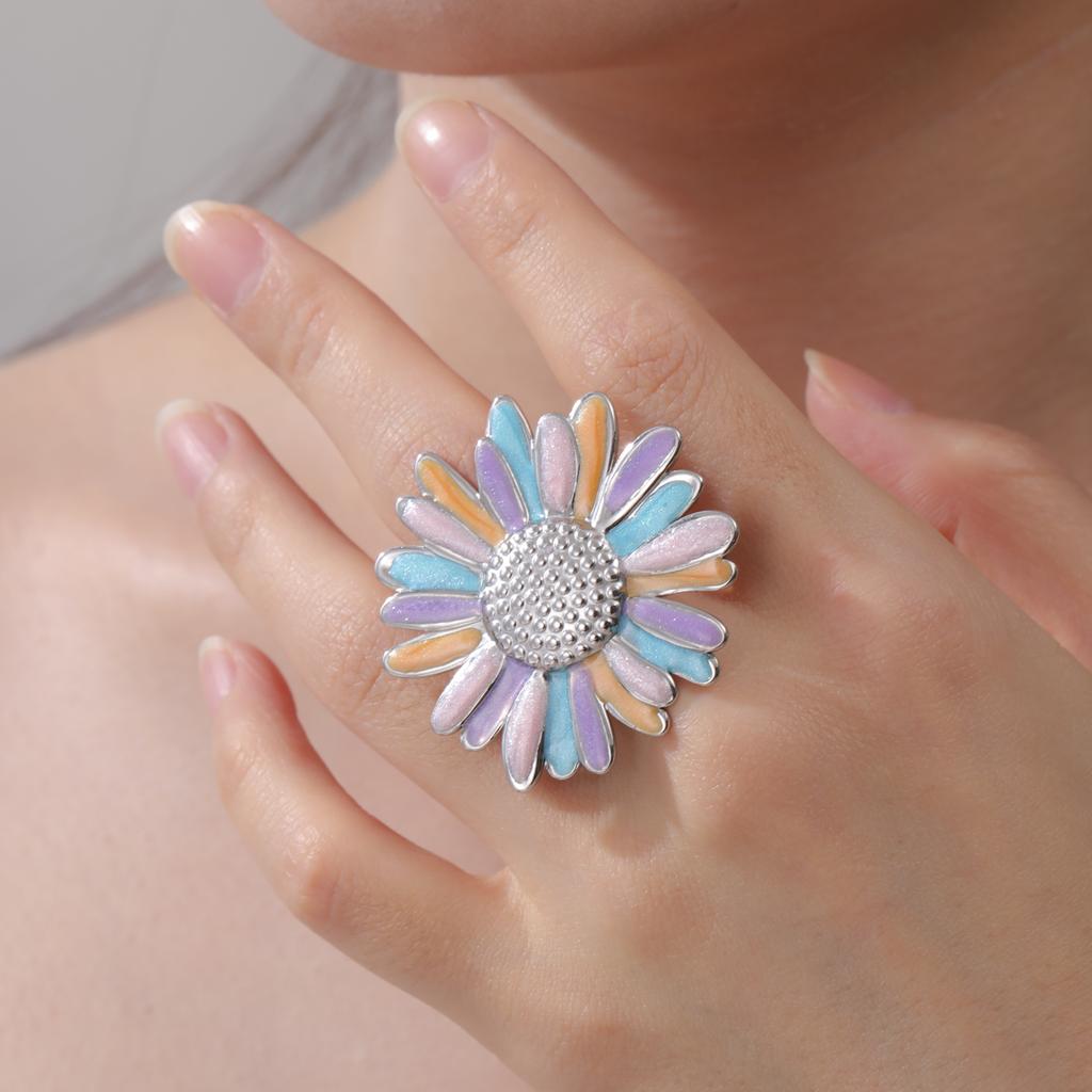 Lucktune Colorful Enamel Flower Open Ring Adjustable Stainless Steel Women's Fashion Ring, Luxury Jewelry for Weddings and Gift