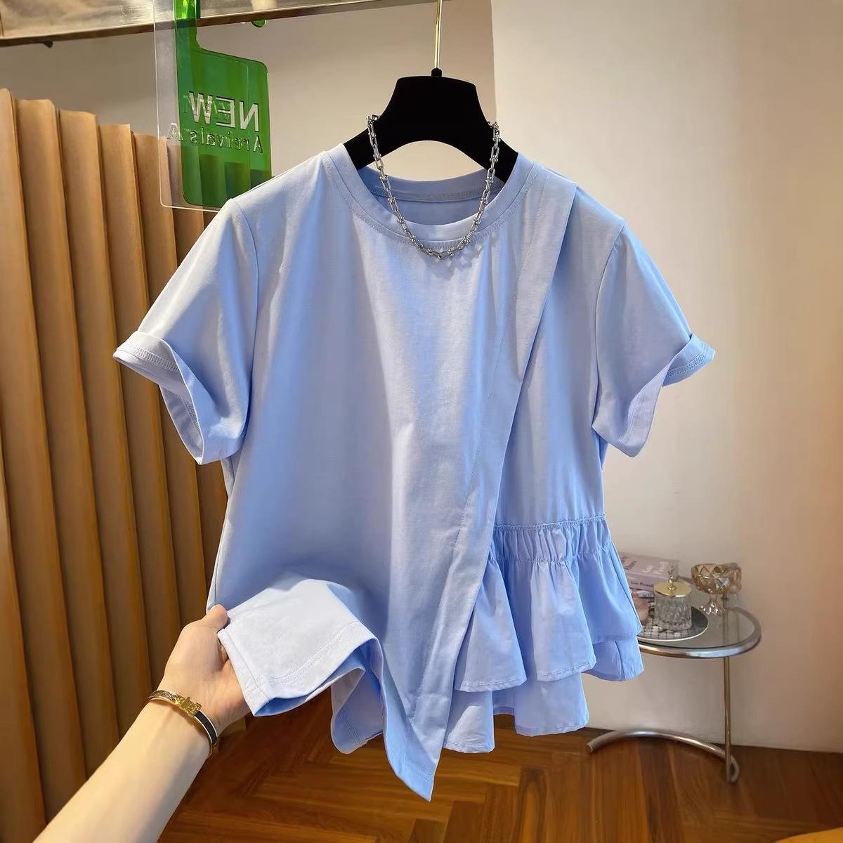 

Women Light Blue Crew Neck Short Sleeve Asymmetric Peplum Casual T Shirt M синій