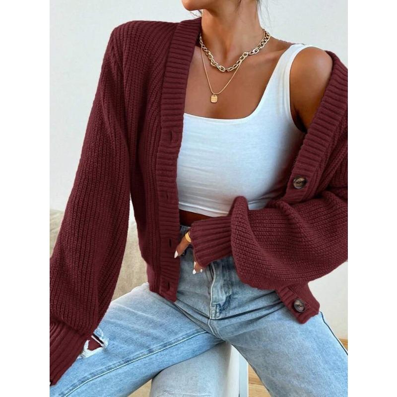 Women S Long Sleeve V Neck Knit Cardigan Solid Color Loose Casual Outerwear