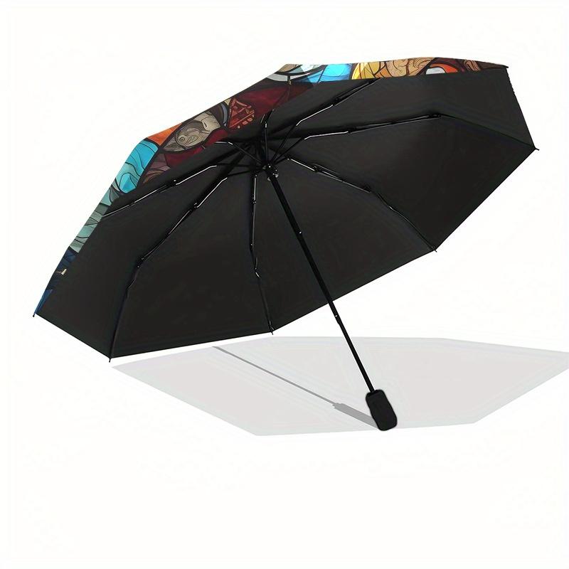Stained Glass Celestial Window Panel: Vibrant Astronomical Design Umbrella, Cute Umbrella with Cute Design, Portable 3-Fold Compact Umbrella for Men &