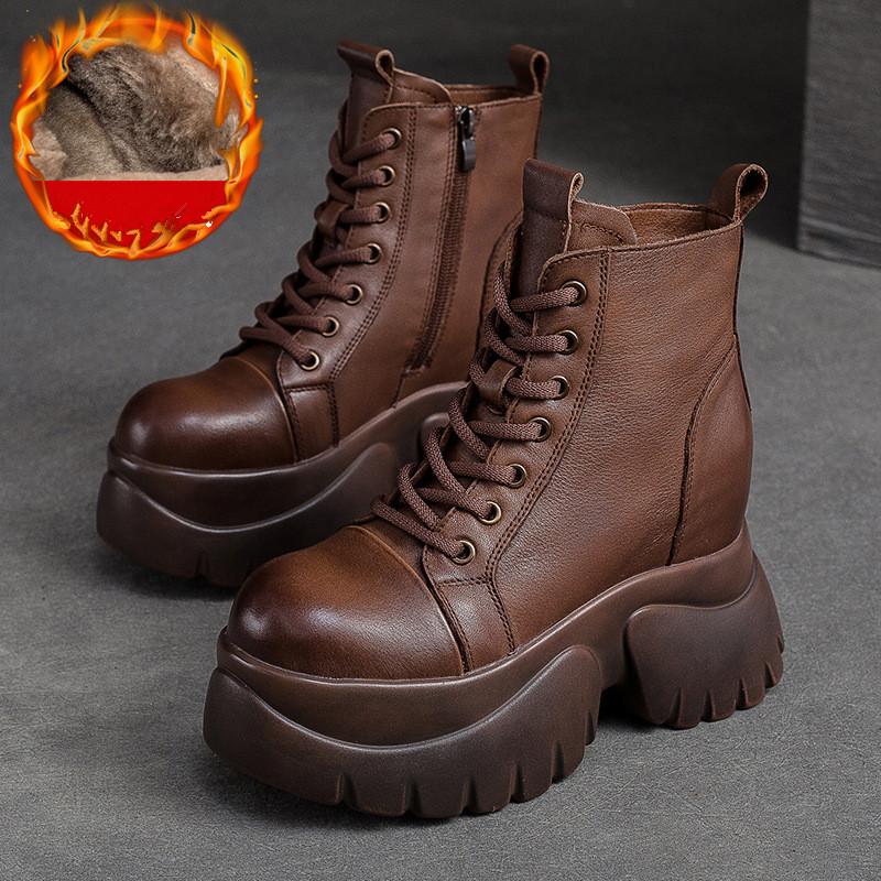 Johnature Pravá kůže Silná podrážka Dámské Kozačky Retro Kulatá špička Boční Zip Klínky Boty na platformě