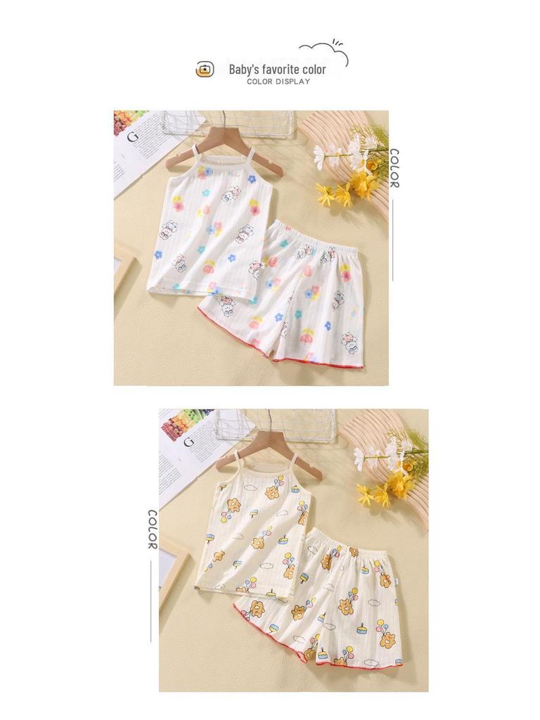 Girls' Summer Pajama Set: All-Cotton Tank Top & Short Skirt with Suspenders - Sweat-Absorbent Baby Homewear for Air Conditioning Comfort