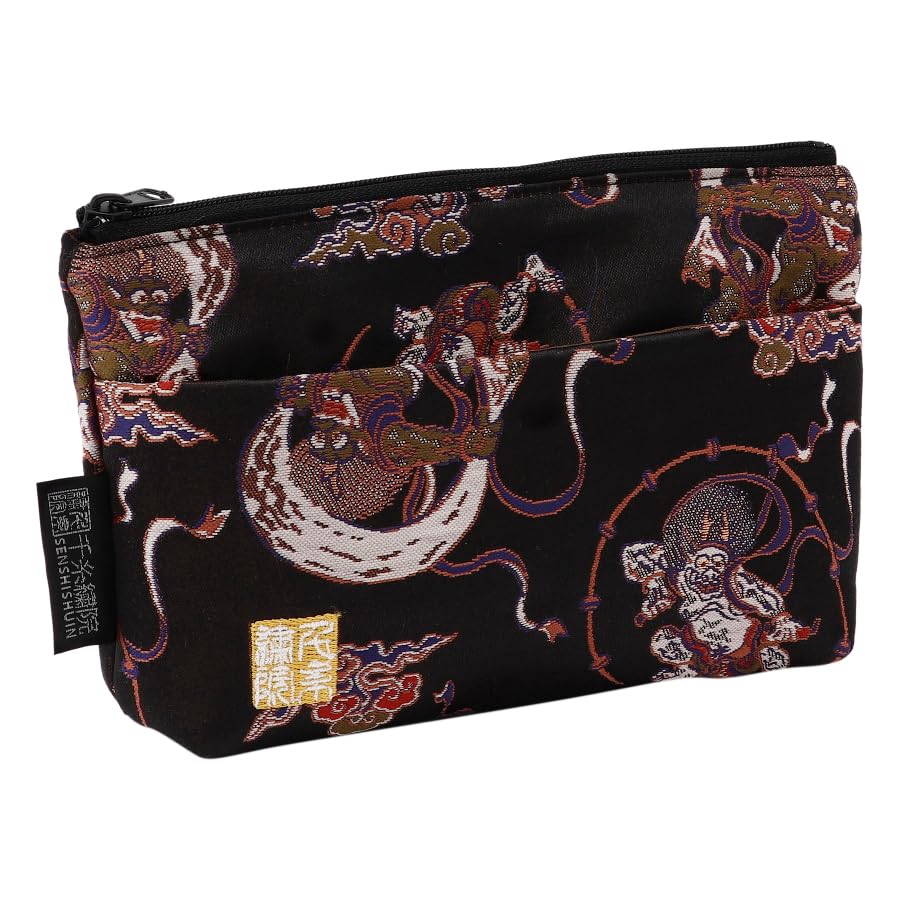 Senshishuin Nishijin Brocade Pouch Jet Black Wind and Thunder God Design (Lined) (Small)