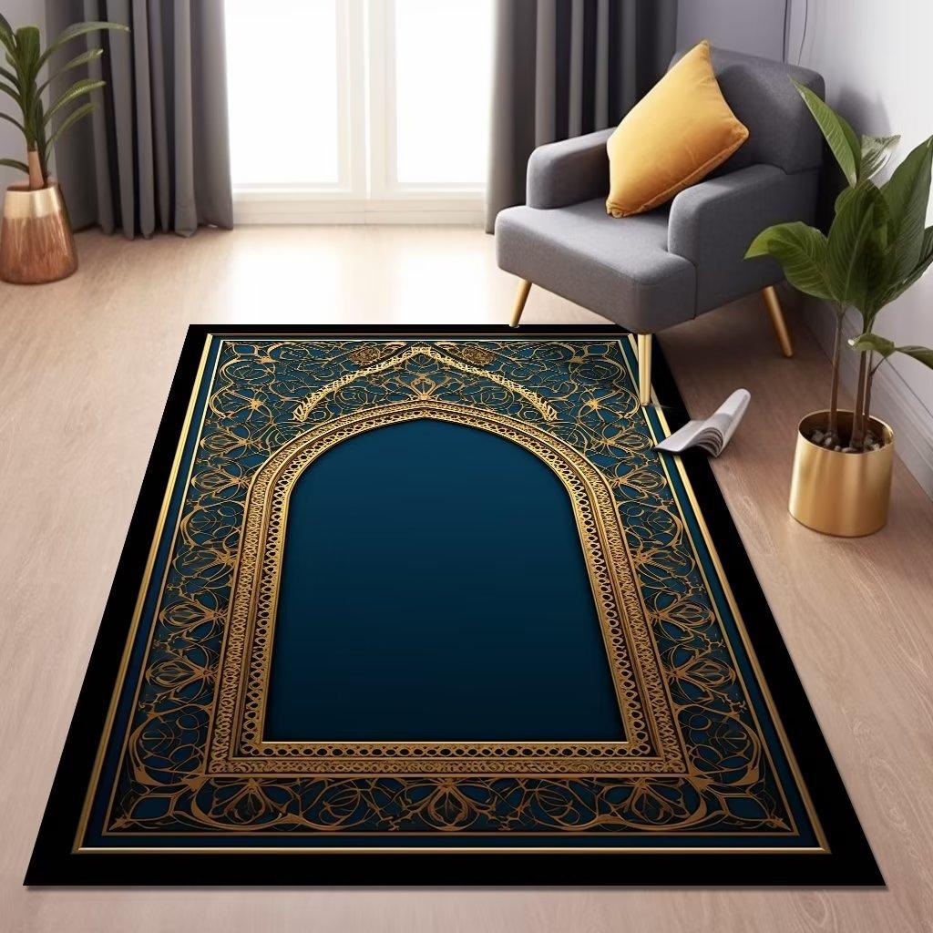 Islam Living Room Carpet Blue Luxury Decoration Home Rugs for Bedroom Soft Fluffy Flannel Carpet Anti-slip Large Area Pray Mat
