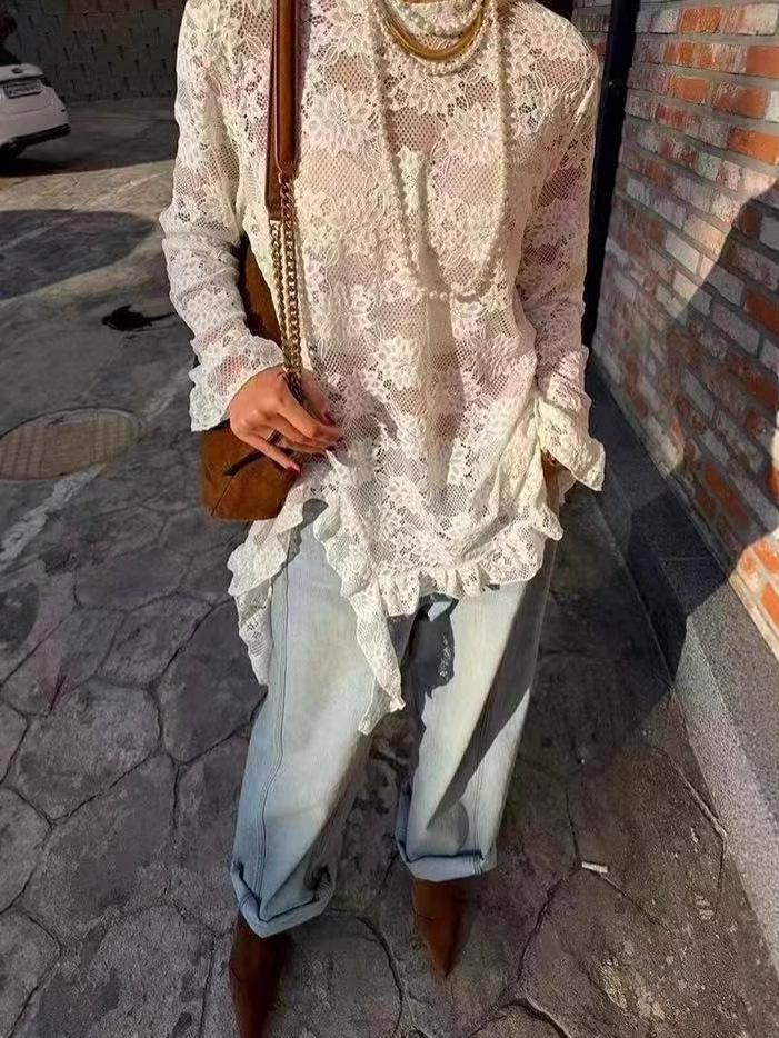 2025 Winter Exquisite Jacquard Lace Long Sleeve Irregular Hem Women's Shirt