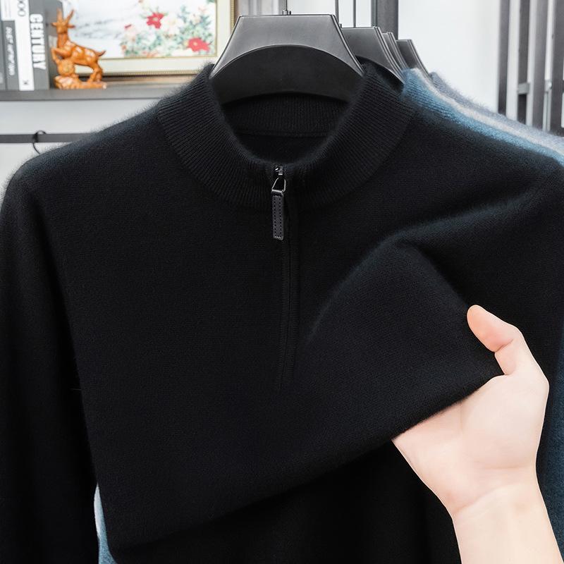 Men's Thick Wool Base Layer Sweater with Half-High Collar and Zipper - Perfect for Autumn and Winter Warmth