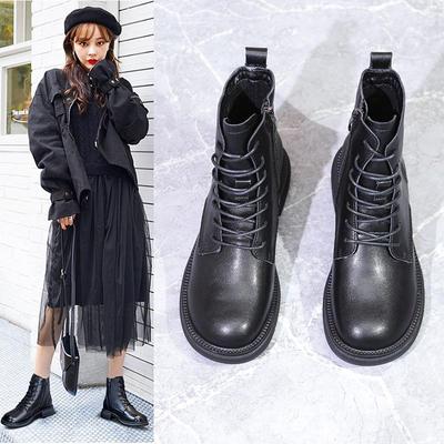 Plus Size Women's Genuine Leather Martin Boots - Flat Heel, Lace-up, Side Zipper, Cowhide, Ankle Boots, Sizes 41–43, Versatile for Autumn 2022.
