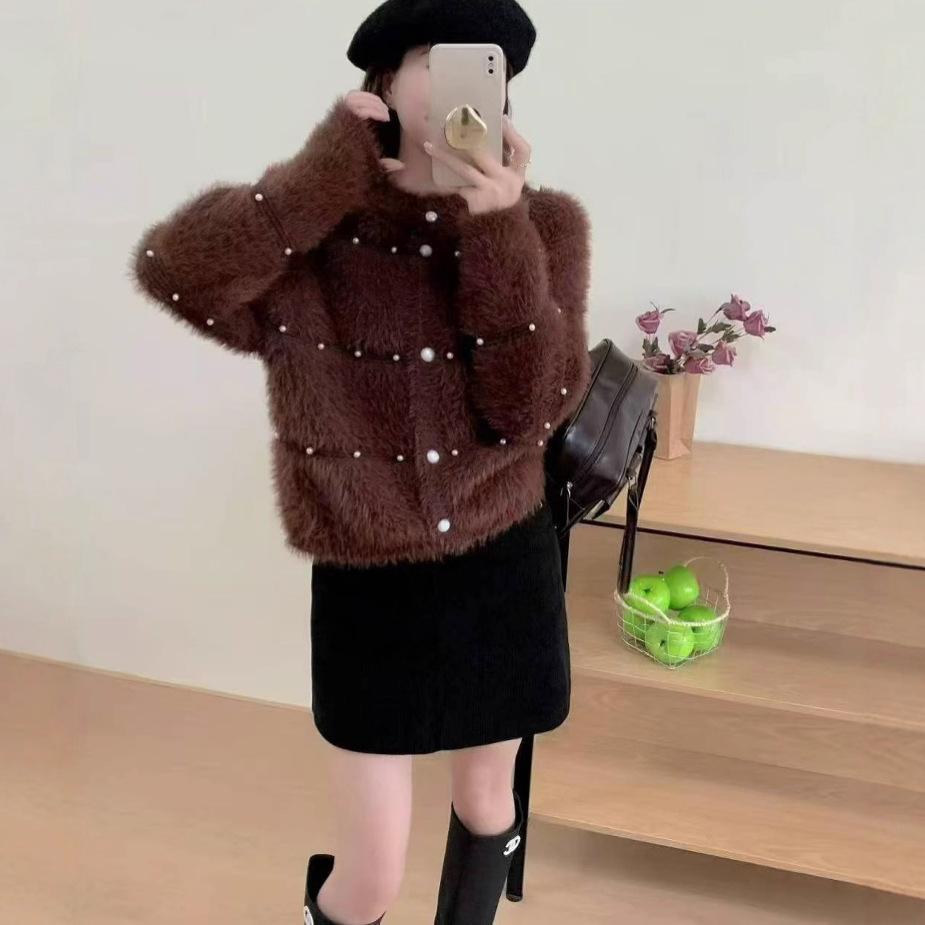 French small fragrant temperament bead-encrusted diamond sweater cardigan autumn and winter soft waxy gentle round neck knitted jacket women