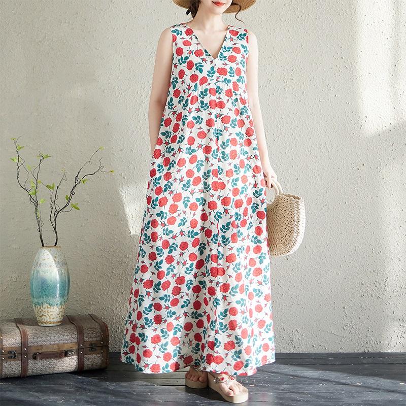 Sleeveless Plus Size Cotton Vintage Floral New In Dresses for Women Casual Loose Long Summer Dress