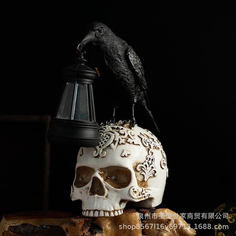 New Halloween Crow Ornament Vintage Desktop Skull Prop Resin Ornament Solar Ghost Day Decoration