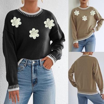 Kontrast-Splicing Lässiger Pullover Lockerer Pullover Dreidimensionale Blumenstickerei Perlenbesatz Damenoberteil