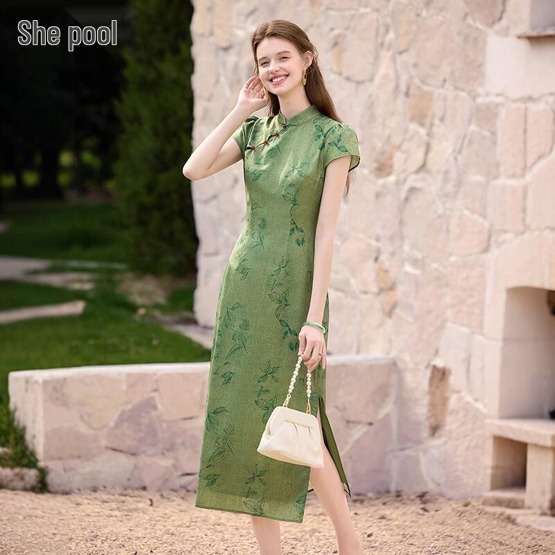Shechi New Chinese Style Printed Stand Collar Qipao Dress M