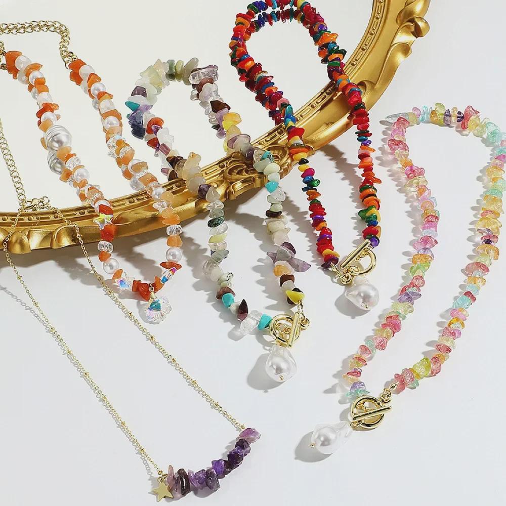 European & American Bohemian Colored Gravel Natural Stone Necklace for Women - Summer Jewelry