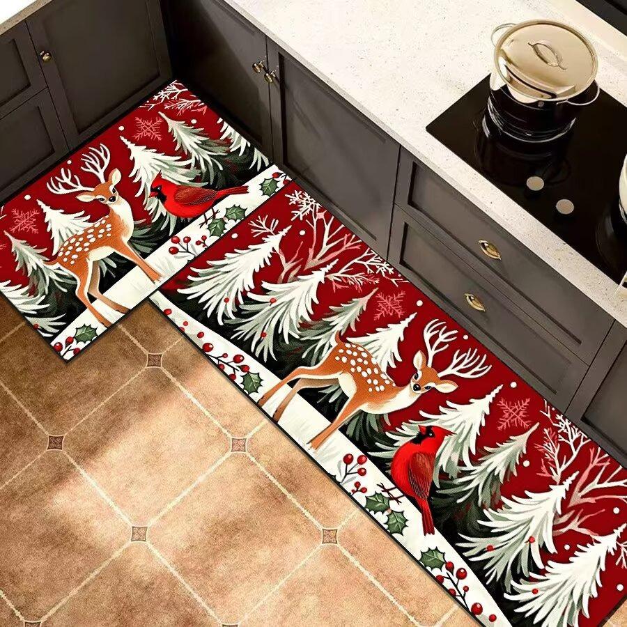 Christmas Santa Kitchen Mat Set, 2-PC Absorbent Non-Slip Floor Rugs for Holiday Decor