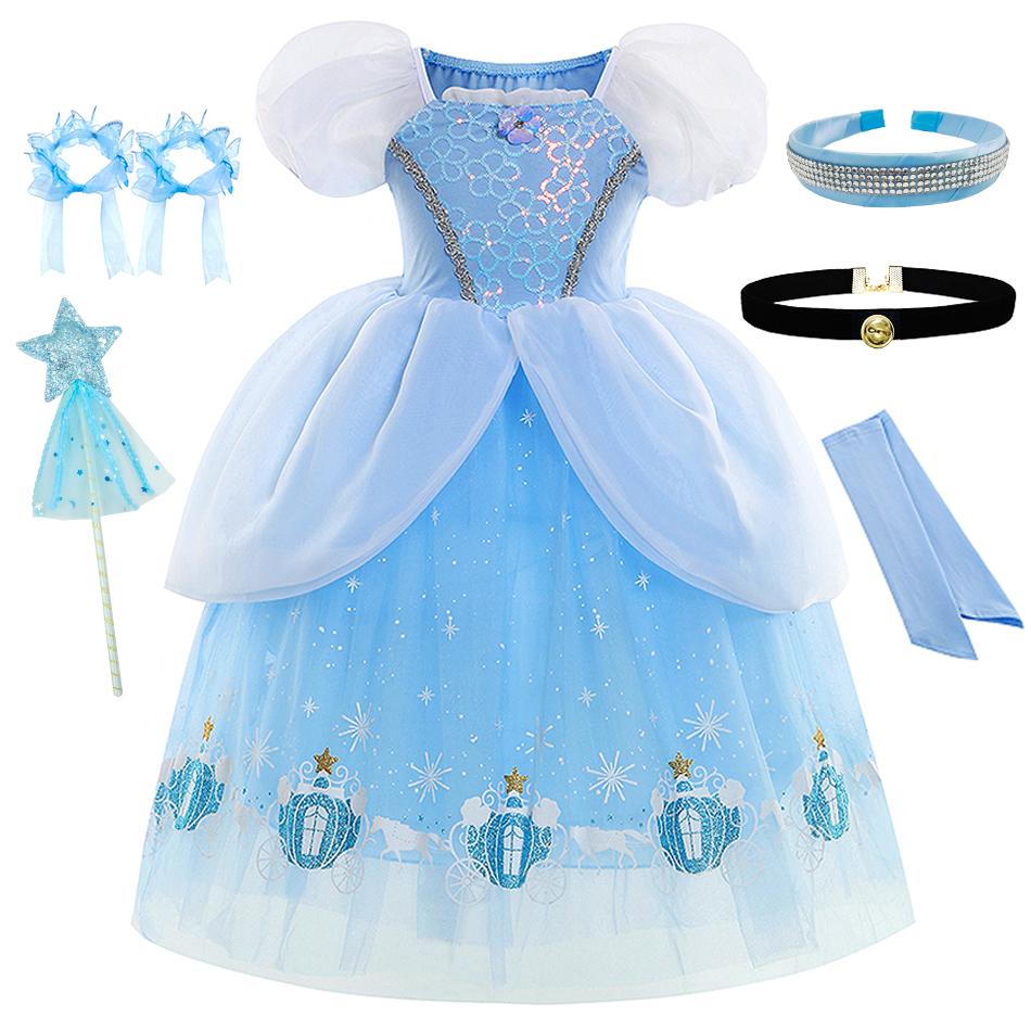 Cinderella Blue Princess Dress Girls Cosplay Theme Party Prom Gown Kids Birthday Gift Halloween Carnival Print Charm Clothing