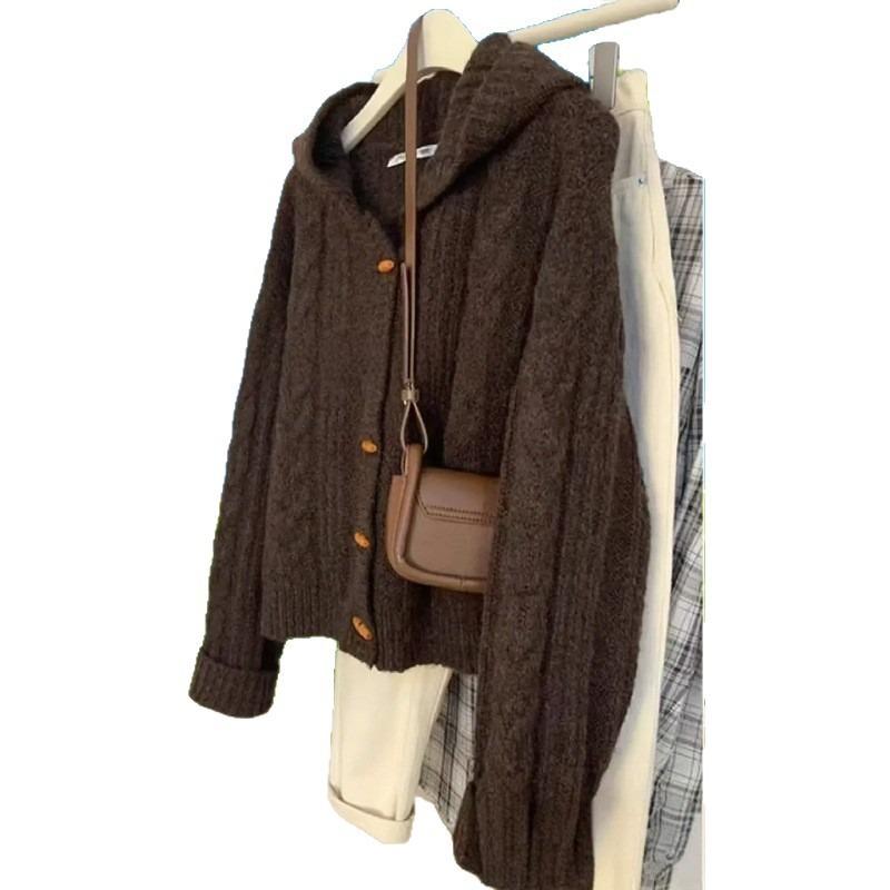 Maillard Heavy Industries horn buckle hooded twist cardigan sweater women's autumn and winter new soft waxy knitted jacket top