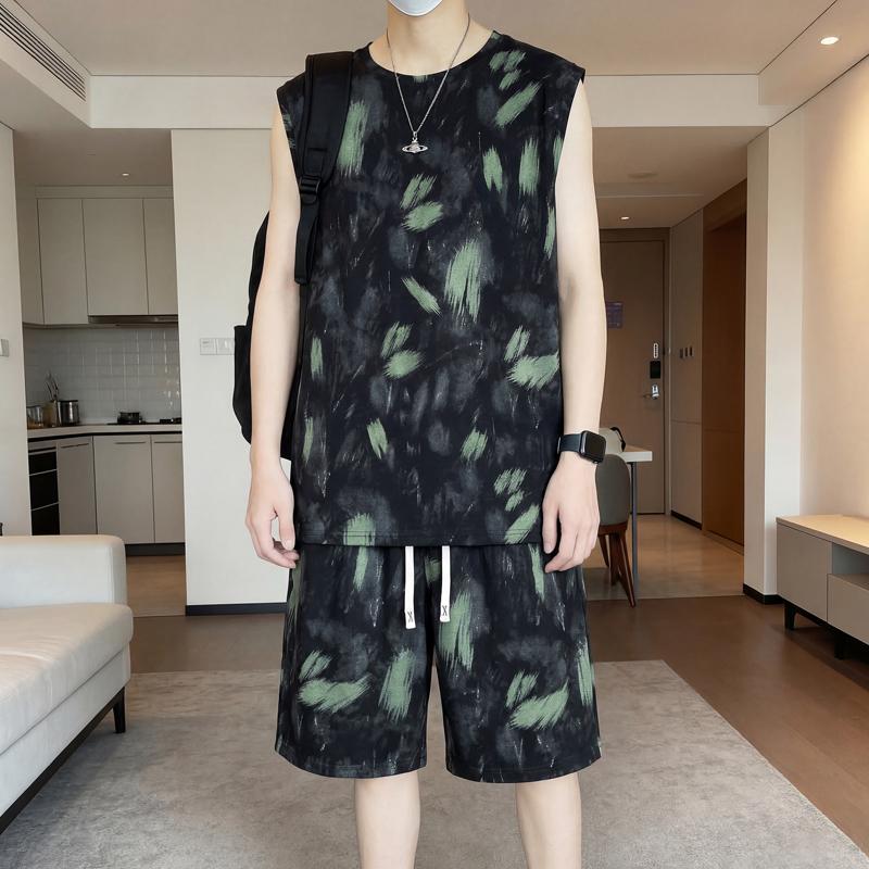 Men's Plus Size Tie Dye 2-Piece Outfit – Sleeveless Tank Top & Shorts Set (Sizes 5XL-11XL) Cotton Blend Summer Casual Wear