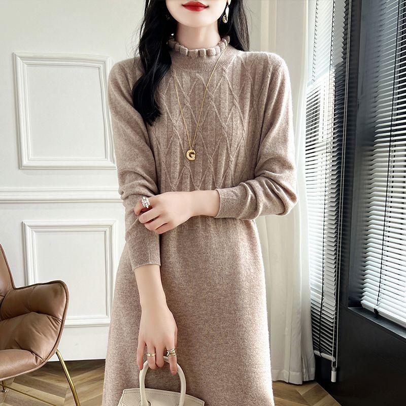 Large-sized Half Turtleneck Mid-length Sweater Dress for Women Solid Color Casual Knitted Dress with Loose Knitted Sweater for Autumn and Winter