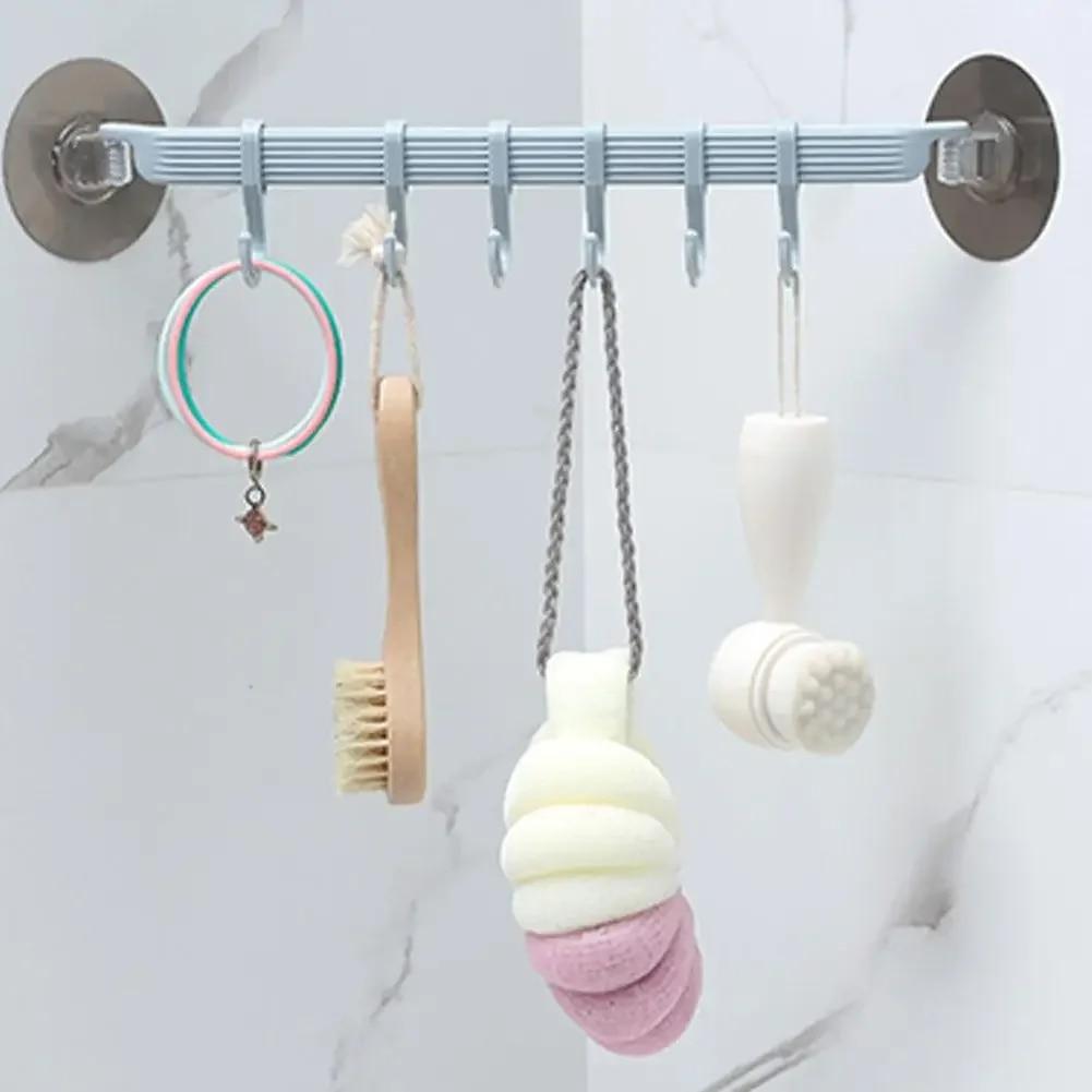 1pc Blue/White/Pink Suction Cup Type Hook 6 Rows for Kitchen Bathroom Corner Suspension Without Marks Hanger Hook
