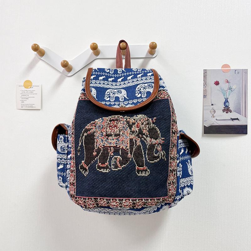 Ethnic Style Embroidered Elephant Canvas Backpack With Hidden Zipper Pocket For Daily Commuting And Travel
