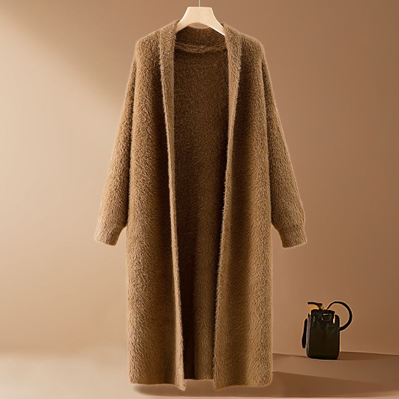 High-end Women's Mink Fleece Knitted Cardigan Autumn WinterThick Warm Plush Knitted Long Coat