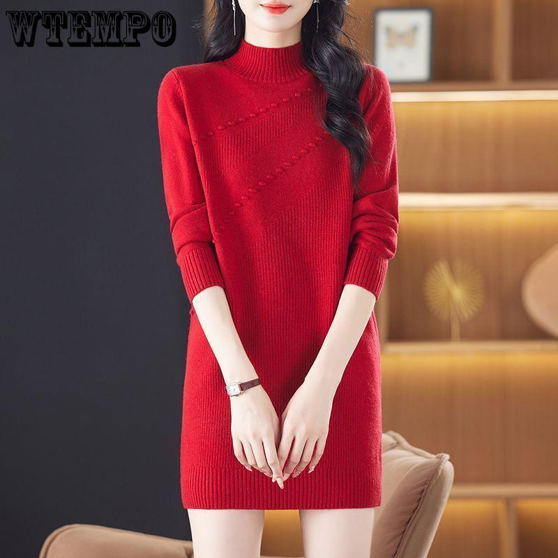 Svetr s polovičním rolákem pro ženy Ležérní jednobarevný středně dlouhý pletený svetr Volný pletený svetr s dlouhým rukávem na podzim a zimu