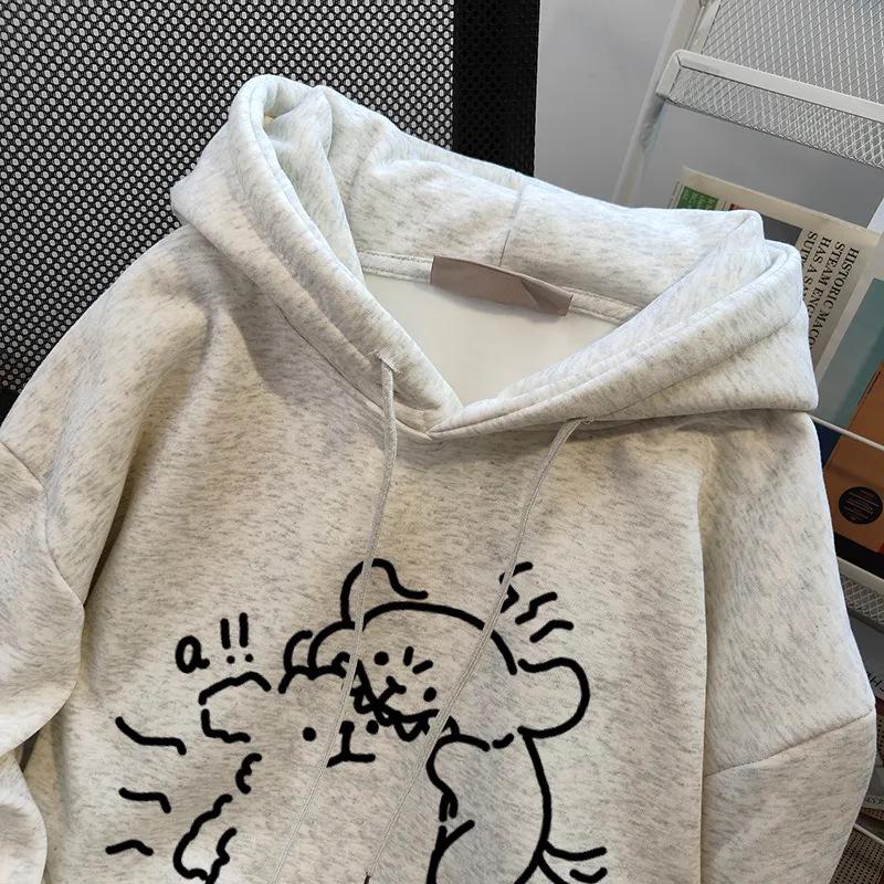 Japonská sladká mikina s kapucí z bavlny s fleecovou podšívkou a potiskem štěňátka - Bílá/Šedá, Unisex