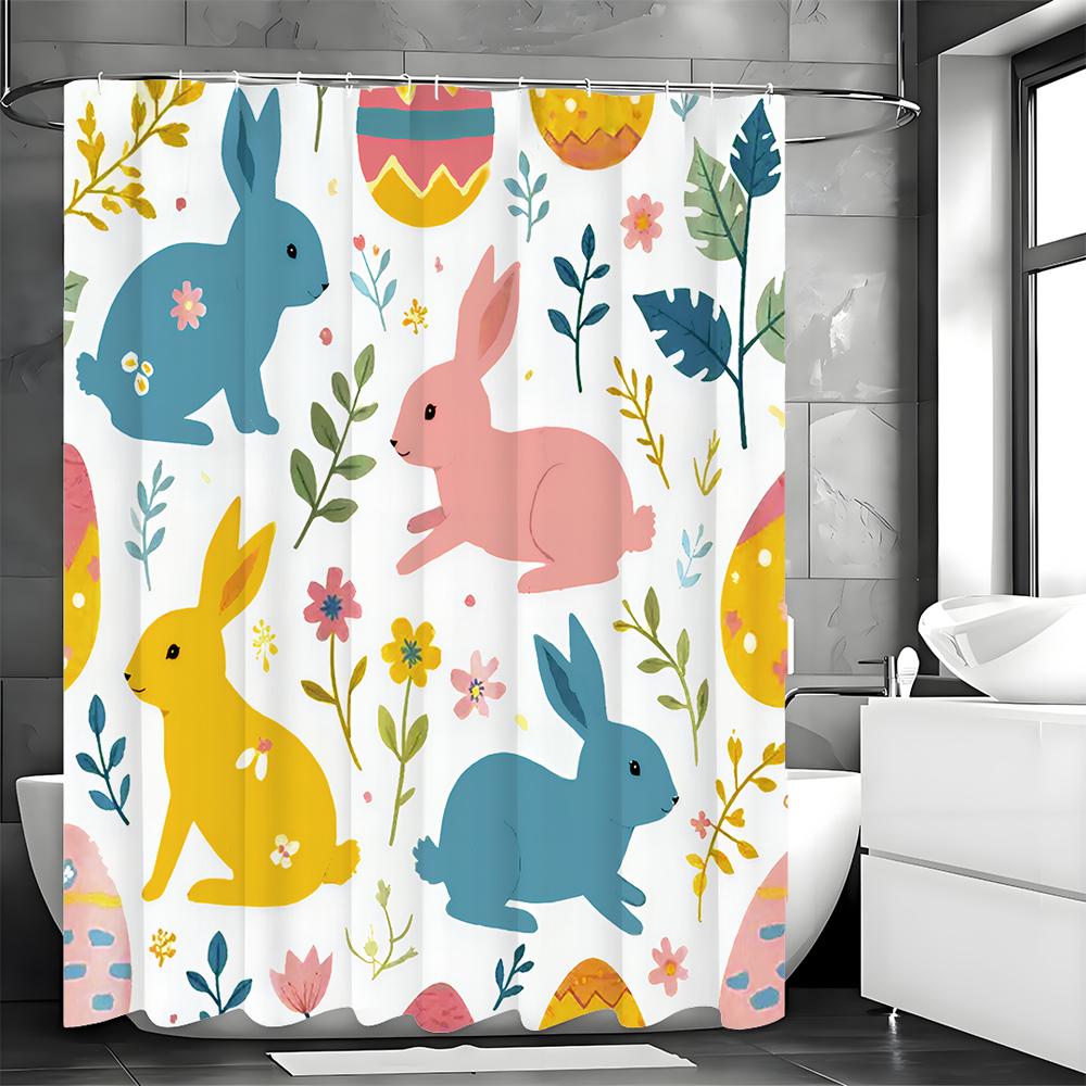 Easter Shower Curtain, Easter Bunny Bathroom Shower Curtain, Spring, Bunny Pattern, Floral, Colorful, Waterproof Shower Curtain