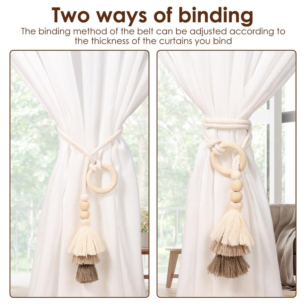 4/6 Pcs Curtain Tiebacks Fringed Wooden Ring Curtain Tieback Bohemian Style Curtains Clasp for Bedrooms Room and Home Decoration