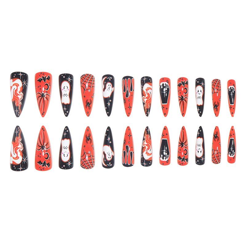 Halloween Nail Art Tips With Spiderweb Ghost Bat Blood Drop Design - Press-On Nails Gel Adhesive Jelly Glue Options