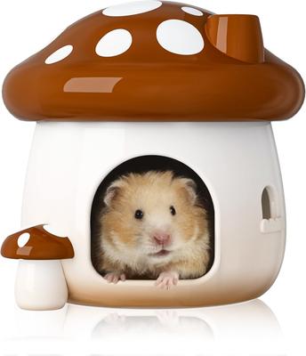 BUCATSTATE Hamster House, Ceramic Hideout with Retractable Roof, Cute, Durable, Washable, Mushroom-Shaped, Large, Large, Magical Forest Series, Brown