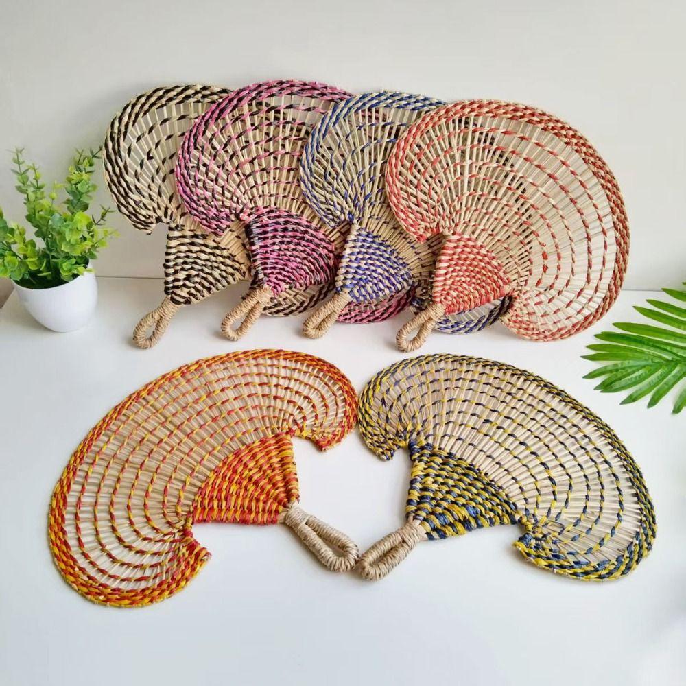 Bohemian Hand-woven Straw Fan Colorful Hand Braided Fan Decorative Handmade Fan  Beach