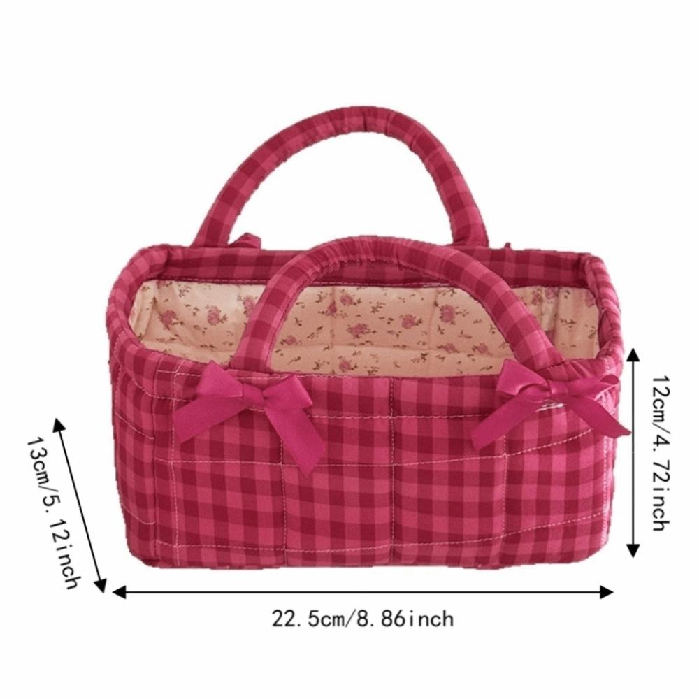 Quilted Craft Picnic Bag Plaid Design Storage Basket French Style Fabric Organizer Bedroom Use