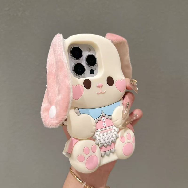 3D Cartoon Plush Long Ears Rabbit Phone Case For IPhone 17 16 15 14 13 Pro Max 14 15 Plus Soft Silicone Back Cover