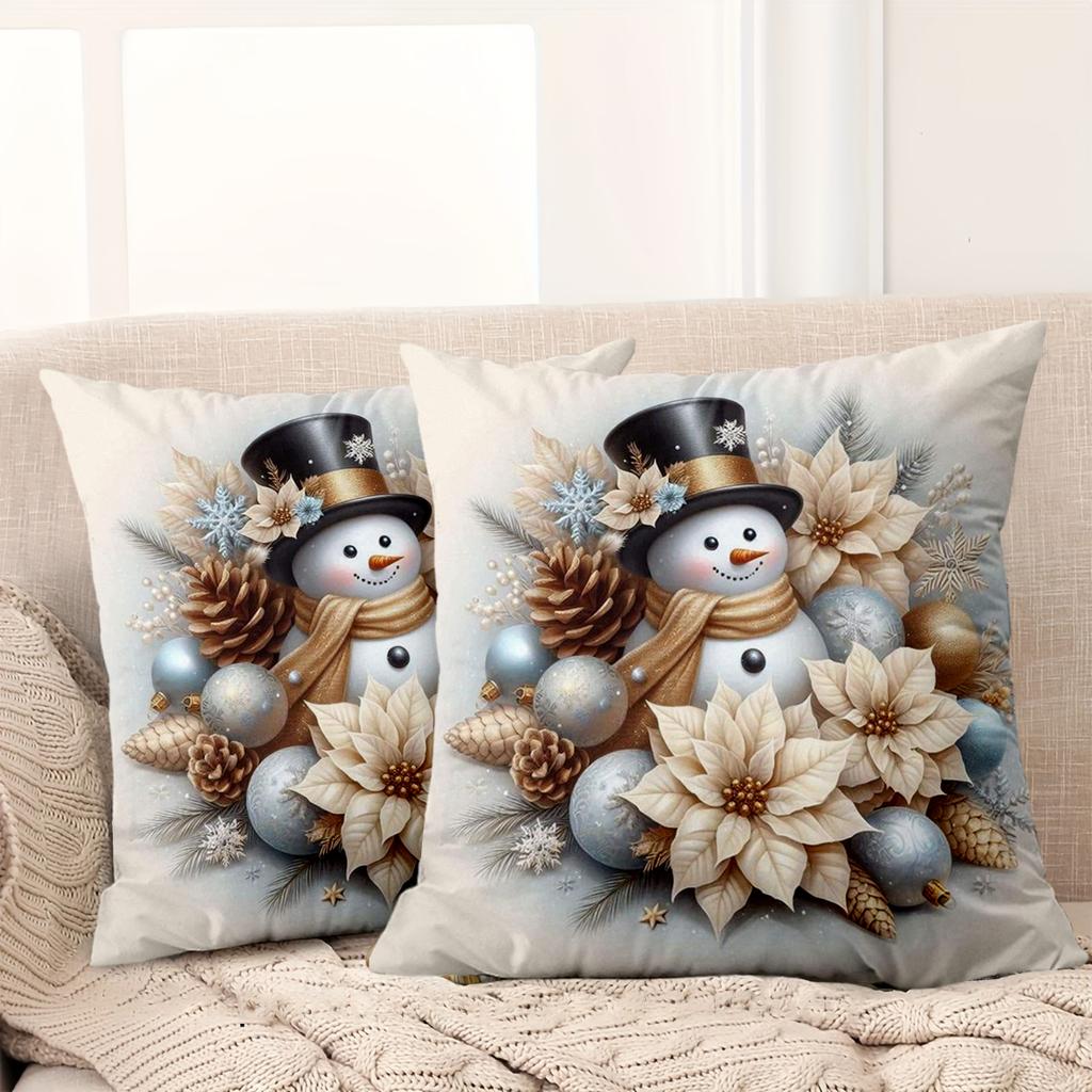 1 Pieces Christmas Snowman Decorative Pillow with Poinsettias Polyester Pillowcase, Sofa Decorative Cushion Cov