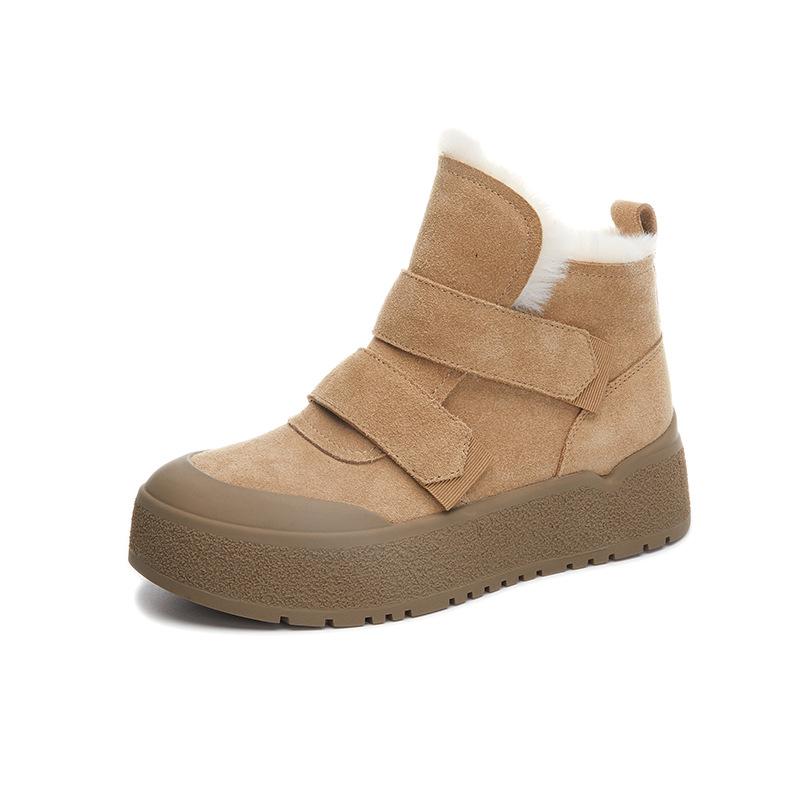 Leather snow boots for women 2025 winter new thick-soled heightening Velcro cotton shoes casual versatile retro short boots for women