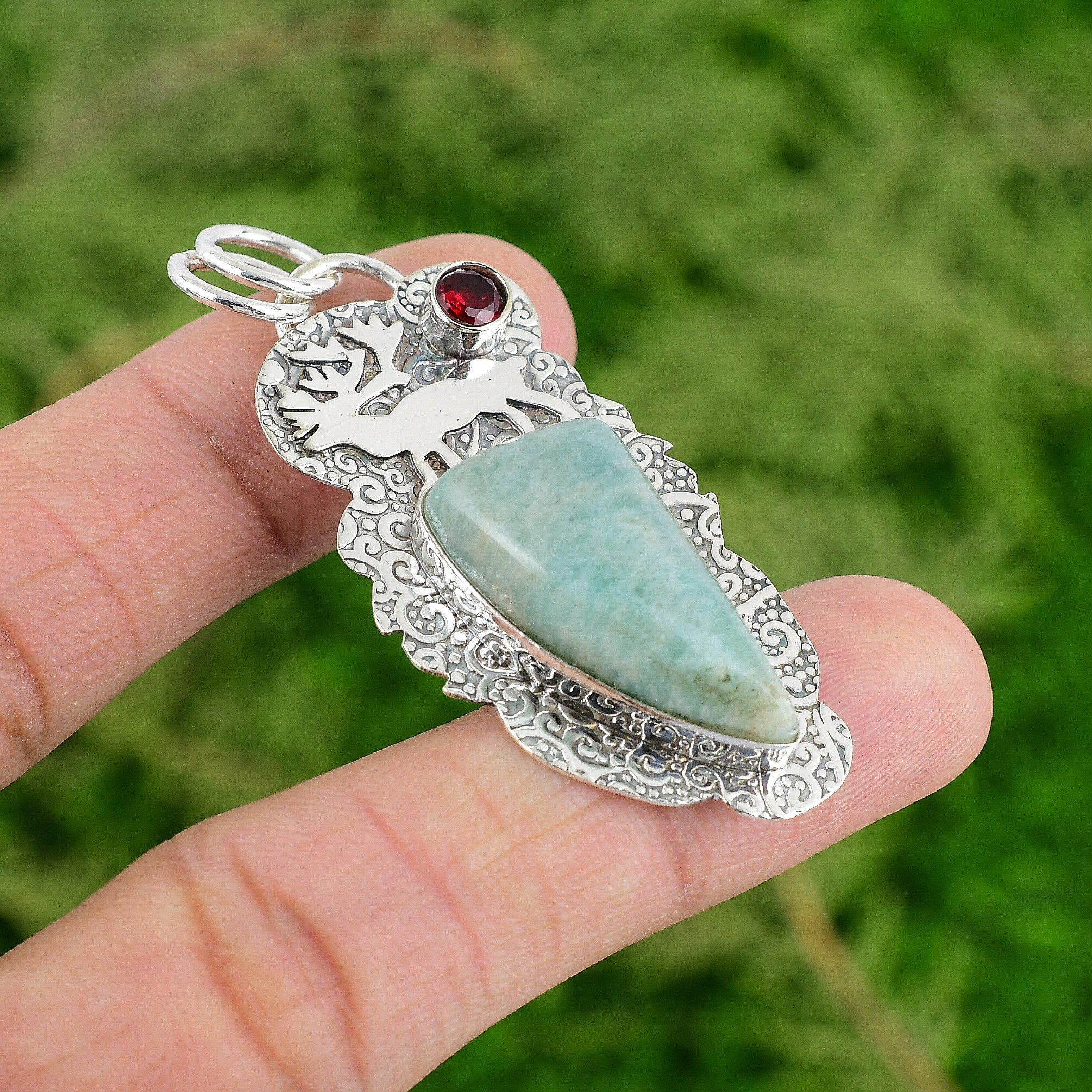 

Daughters Day Sale Sterling Silver Amazonite Stone Mozambique Garnet New Pendant