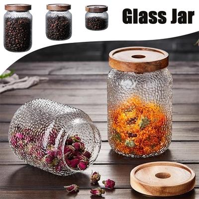 300/500/700ml Vintage Style Hammered Transparent Glass Sealed Jar with Wood Lid Storage for Coffee Beans Kitchen Gadgets Home