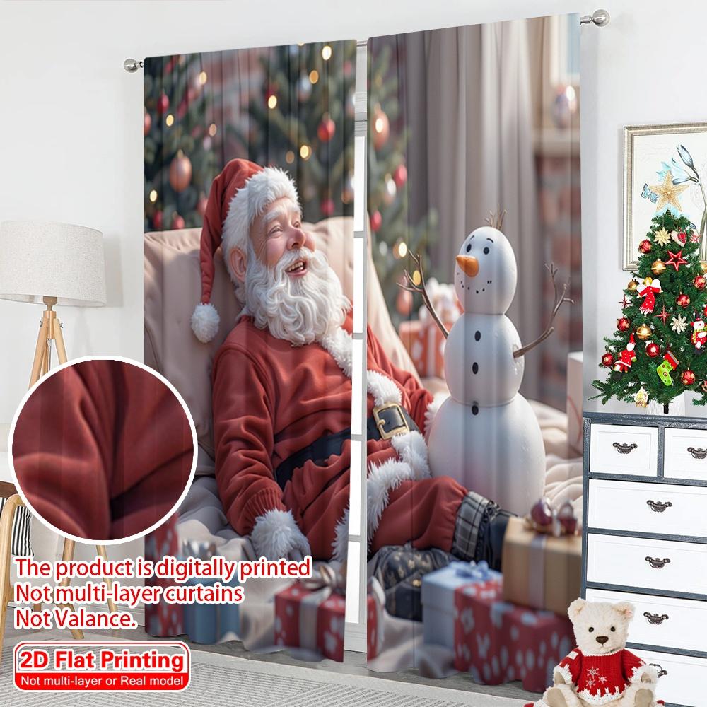 2pcs 2D Flat Printing Merry Christmas Popular Curtain Santa Snowman Christmas Gifts 100% Polyester Without Electricity Party &