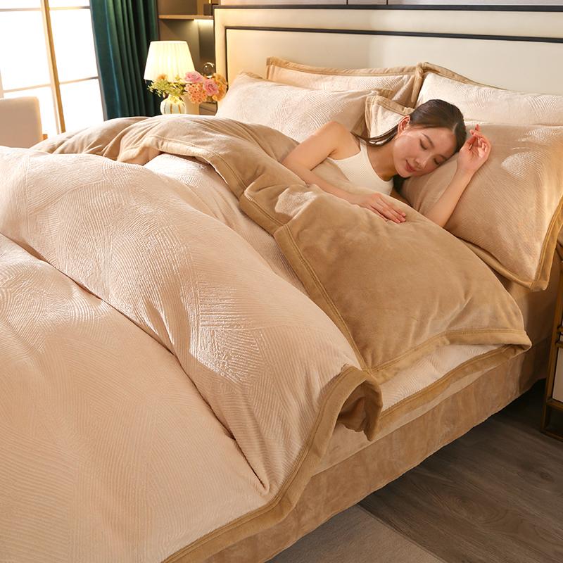 Light luxury high gram weight carved fleece milk fleece bed sheet four-piece set thickened warm bedding winter