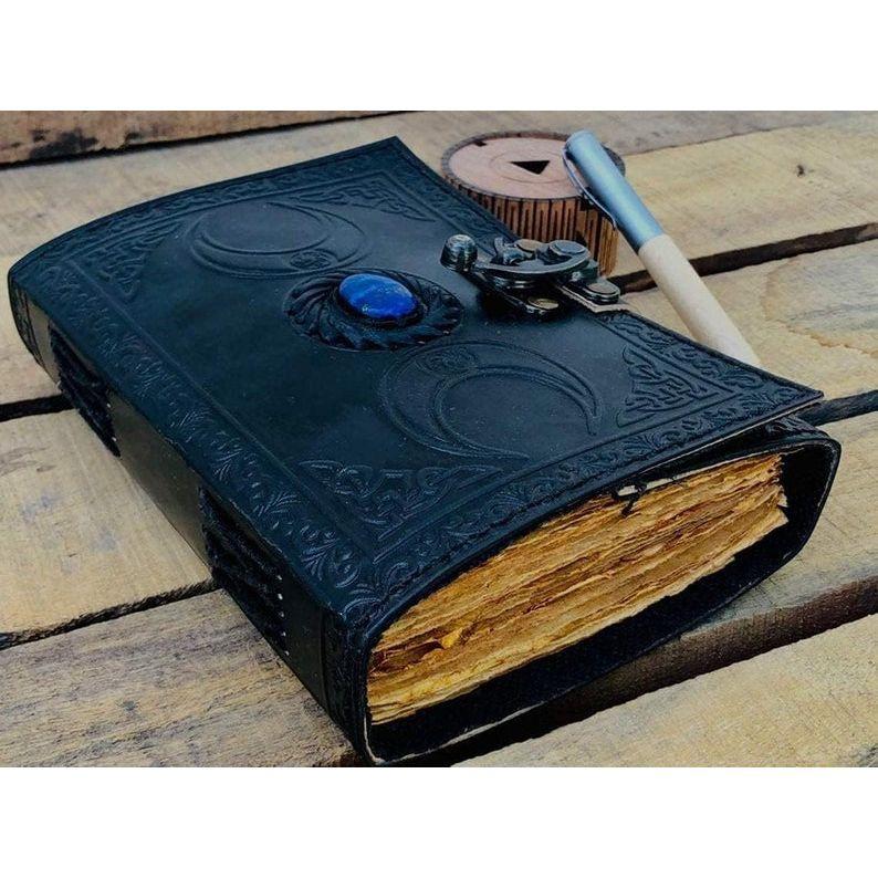 Triple moon goddess vintage leather journal witch stone, deckle edge paper, blank spell book of shadows grimoire journal, great gift book